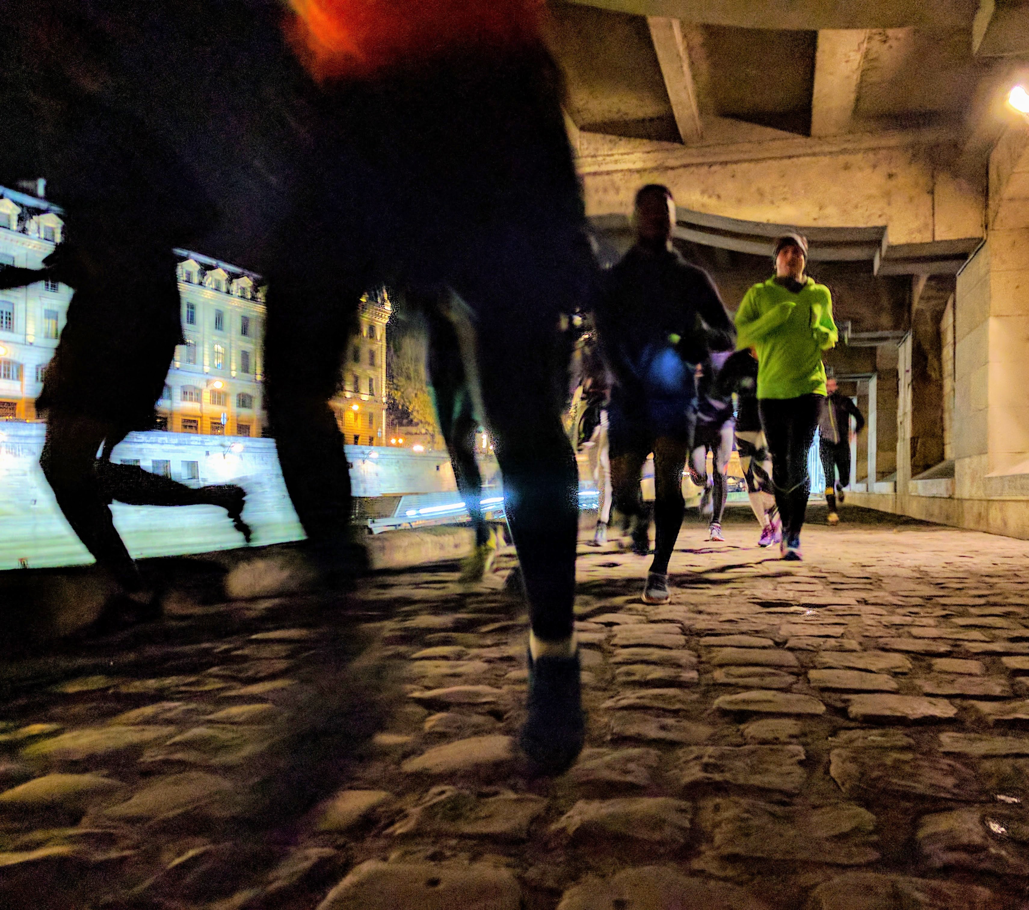 Running by the louvres cobbles